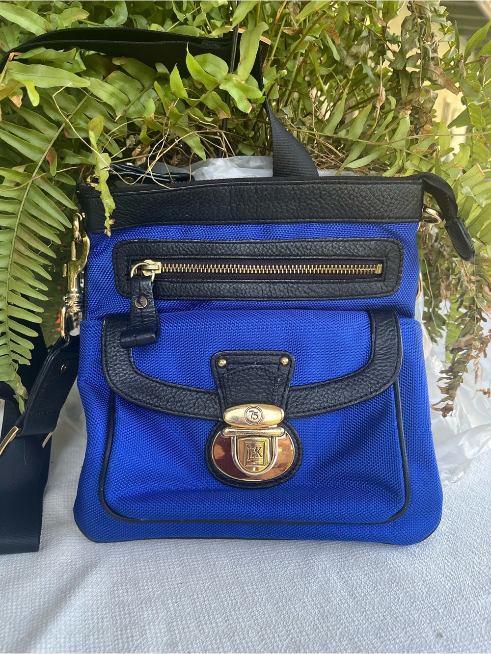 Blue and Black Crossbody Bag with Gold Hardware